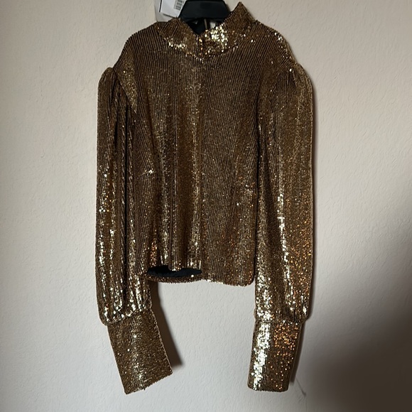 A.L.C. Women's Gold Margaret Sequin Mock Neck Long Sleeve Party Top - Picture 5 of 6